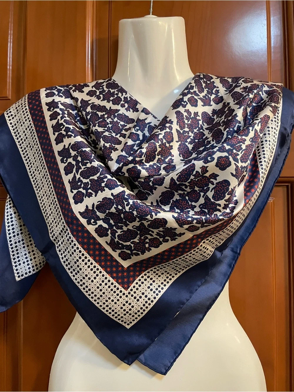 Silk Navy and Cream Floral Square Scarf